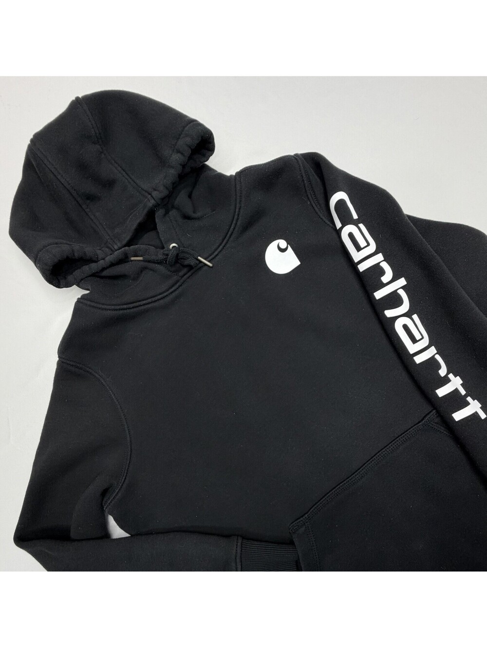 Carhartt Unisex Logo Sleeve Graphic Hoodie Relaxed Fit Size L (12-14) Sweater